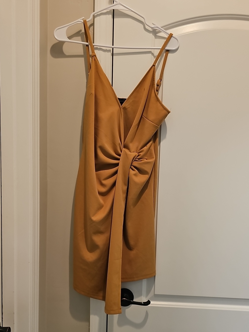 Love Tree Twist-Front Spaghetti Strap Mini Dress in Tan